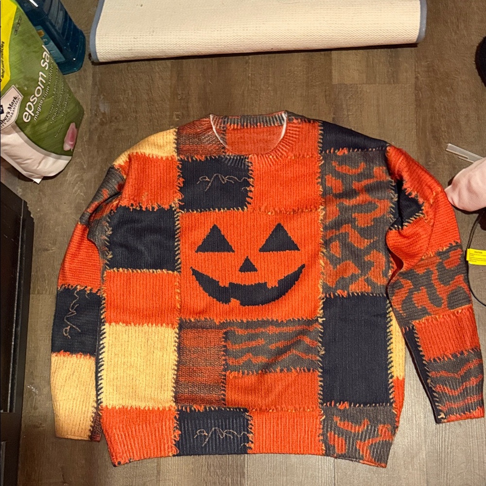 SHEIN Patchwork Pumpkin Sweater - Orange and Black